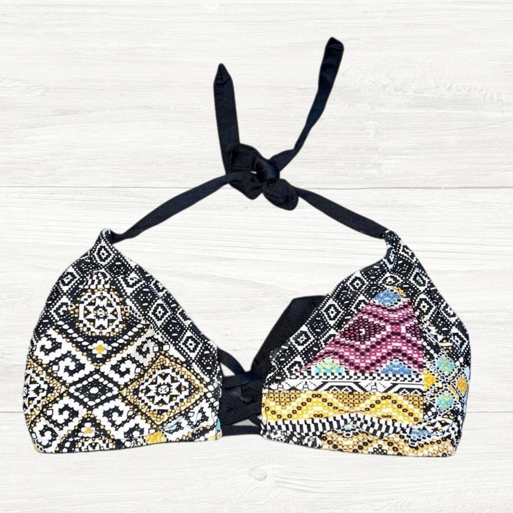 Black Halter Bikini Top with Patterned Trim